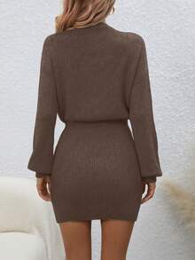 EMERY ROSE 休闲纯色针织连衣裙，百搭秋冬 - 棕色 - 查看 2