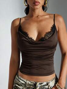 Denimoi Fashionable Sexy Lace Trim Plunging Neckline Camisole - Brown - View 1