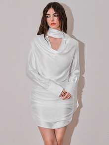 Poshira Women's Solid Color Ruched Neck Long Sleeve Pleated Elegant Mini Dress - White - View 3