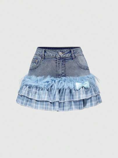 Kawaii Cute Autumn/Winter Snow Plaid Furry Patchwork Low Waist Mini Denim Cake Skirt