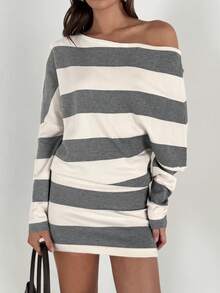 Aloruh Vestido de suéter mini con hombros descubiertos y rayas para mujer en otoño/invierno - Gris - Ver 3