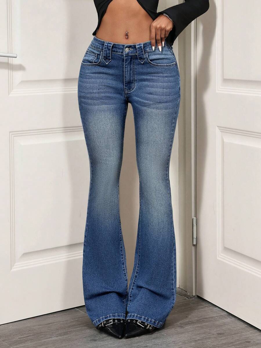 SHEIN Tall Women's Casual Versatile Flare Jeans With Pockets - Medium Wash - View 1