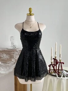 Elamini Women's Solid Color Sequin Backless Criss-Cross Strap Dress