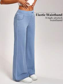Flexra 女式松紧腰口袋阔腿宽松休闲牛仔裤 - 藍色 - 查看 6