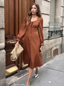 Chiquease Vestido de manga larga con abertura frontal de unicolor y estilo francés minimalista para mujer - Café - Ver 6