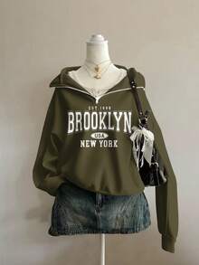 Attitoon Attitoon Retro American Campus Style Casual Oversized Unisex Women's Loose Half-Zip High Neck Fleece Hoodie, Suitable For Autumn/Winter