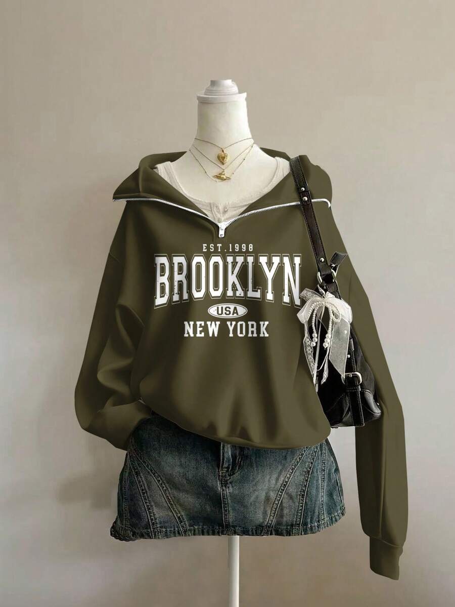 Attitoon Attitoon Retro American Campus Style Casual Oversized Unisex Women's Loose Half-Zip High Neck Fleece Hoodie, Suitable For Autumn/Winter