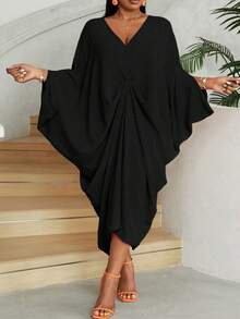 SHEIN CURVE+ 大码女式 V 领蝙蝠袖褶皱宽松优雅连衣裙，春秋季 - 黑色 - 查看 5