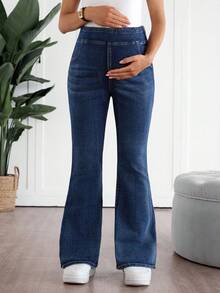 SHEIN 孕妇高腰纯蓝色休闲百搭牛仔裤 - 藍色 - 查看 4