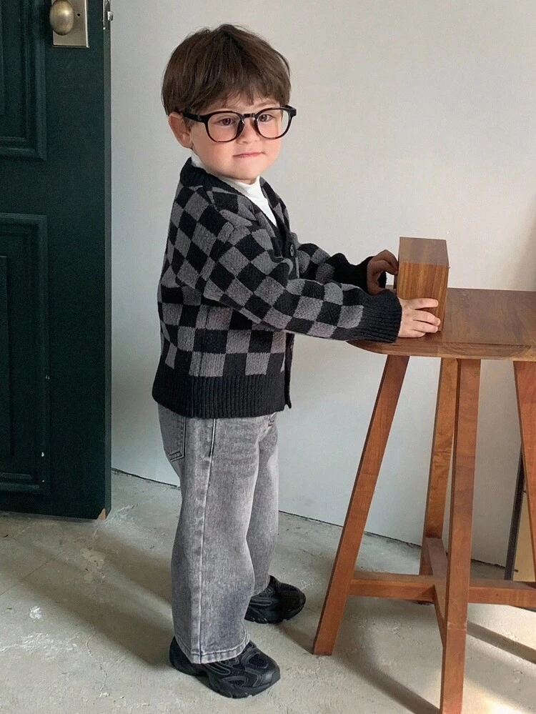 Toddler Boys' Checkered Color Block Casual Cardigan, Korean Style Street Wear, Spring/Autumn