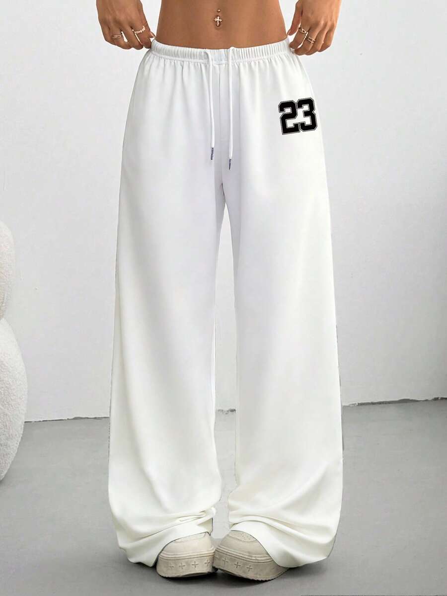 SHEIN EZwear 女式休闲宽松抽绳腰运动裤,印有数字 23,适合秋冬季、日常穿着和返校季 - 白色 - 查看 1