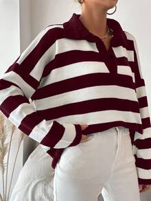 EURMUSE Plus Size White Pattern Drop Shoulder Polo Neck Drop Shoulder Sweater Back-To-School Formal Graduation Autumn Casual - Burgundy - View 4