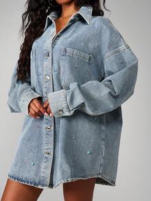 MISSGUIDED Oversized Denim Shirt Jacket With Colorful Gem Crystal Details Button Down Long Sleeve Vintage Washed - Medium Wash - View 6