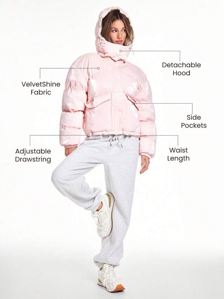 Chic In Warmth Shine Down Glossy Soft Cozy Zipper Snap Button Closure Drawstring Hem Waist Length Detachable Hood Puffer Jacket Autumn Winter Outdoors Daily Casual Wear