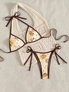 Bonvoyette Summer New Champagne Solid Color High-End Embroidered Sequin Shiny Viral Party Afternoon Tea Gathering Supportive High Cut Side Tie Bikini Two Pieces Swimsuit For Women Boho Bathing Suit Boho Bikini Bathing Suits For Women Boho Crochet Bathing Suit Crochet Bikini Boho Bikini Set Women Two Piece Sets Swimsuit Vacation Bikini Set Boho Swimsuit Triangle Bikini Set - Multicolor - View 5