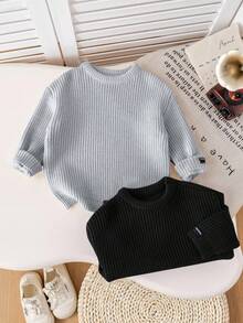 SHEIN 2件装返校季男童多色纹理宽松套头毛衣，适合休闲、居家和学校穿着，秋冬季女童服装 - 黑色 - 查看 6