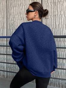 SHEIN Cottnline Women'S Fleece Baseball Collar Zip-Up Sweatshirt - Navy Blue - View 2