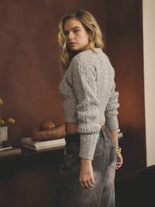 Aralina 秋冬优雅灰色麻花针织长袖纽扣前圆领纽扣开衫，束腰舒适秋季服装女式开衫长袖上衣 - 灰色 - 查看 4