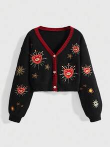ROMWE Gothic Mysterious Witch Style Sun, Moon, Star, Heart, Eye Embroidery Contrast Color Plus Size Women Cardigan Sweater - Black - View 4