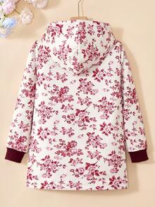 SHEIN Vintaside Kids Girls' Hooded Thickened Fluffy Vintage Floral Mid-Length Jacket, Autumn/Winter - Burgundy - View 2