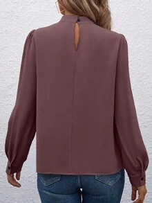 EMERY ROSE 女式纯色立领泡泡袖褶皱设计优雅衬衫 - 藕粉色 - 查看 2