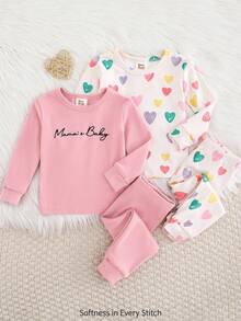 Cozy Pixies 4 件套女婴舒适睡衣套装，彩色心形印花柔软针织圆领长袖上衣和紧身裤，适合春、夏、秋、冬、情人节礼物 - 彩色 - 查看 4