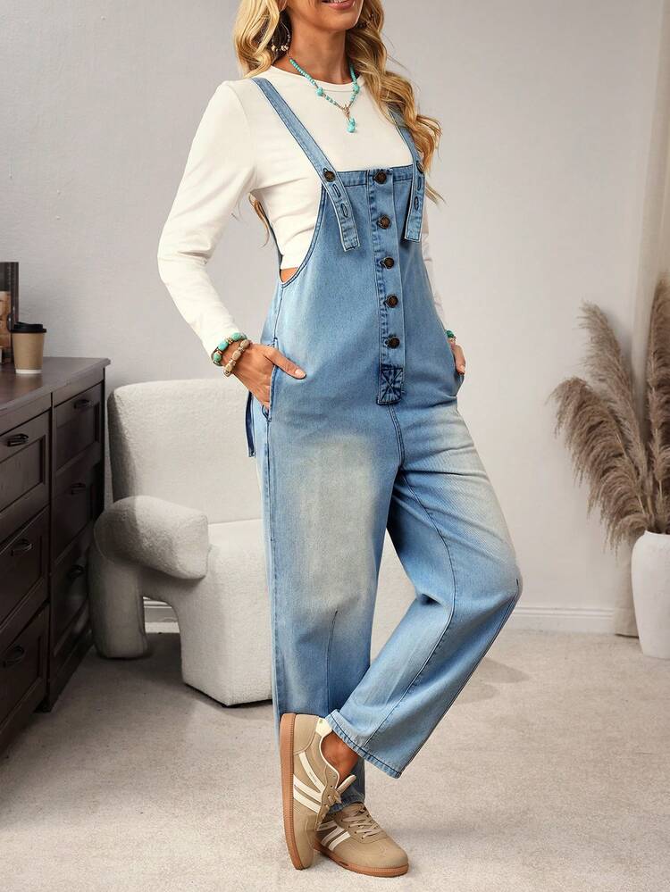 EMERY ROSE Calça jeans feminina casual lavada com alças - Azul - Ver 5