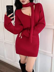 Feyla 红色休闲开衫、围巾和裙子女士毛衣套装 - 紅色 - 查看 2