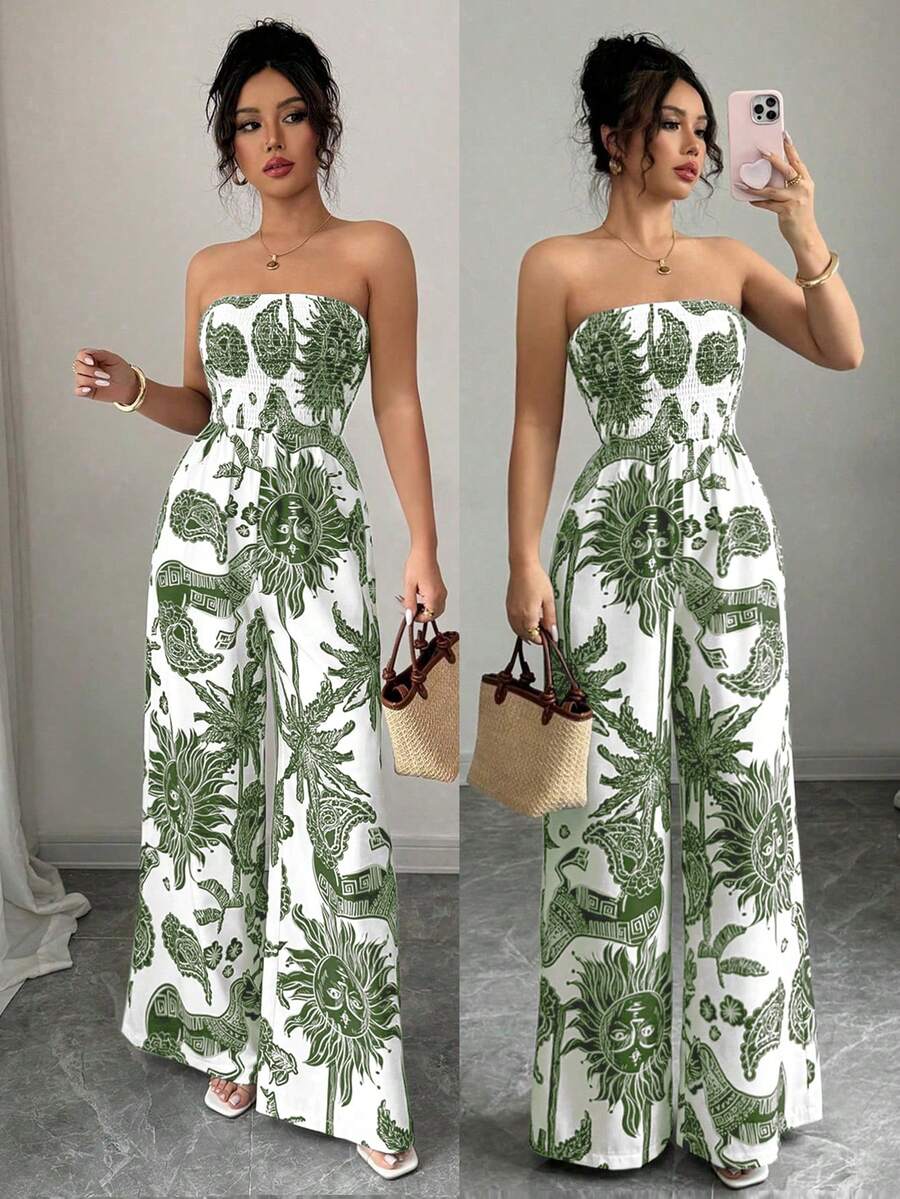 SHEIN Elenzya Women's Printed Bandeau Jumpsuit With Cinched Waist And Wide Leg, Elegant For Vacation, Daily Commute - Army Green - View 1