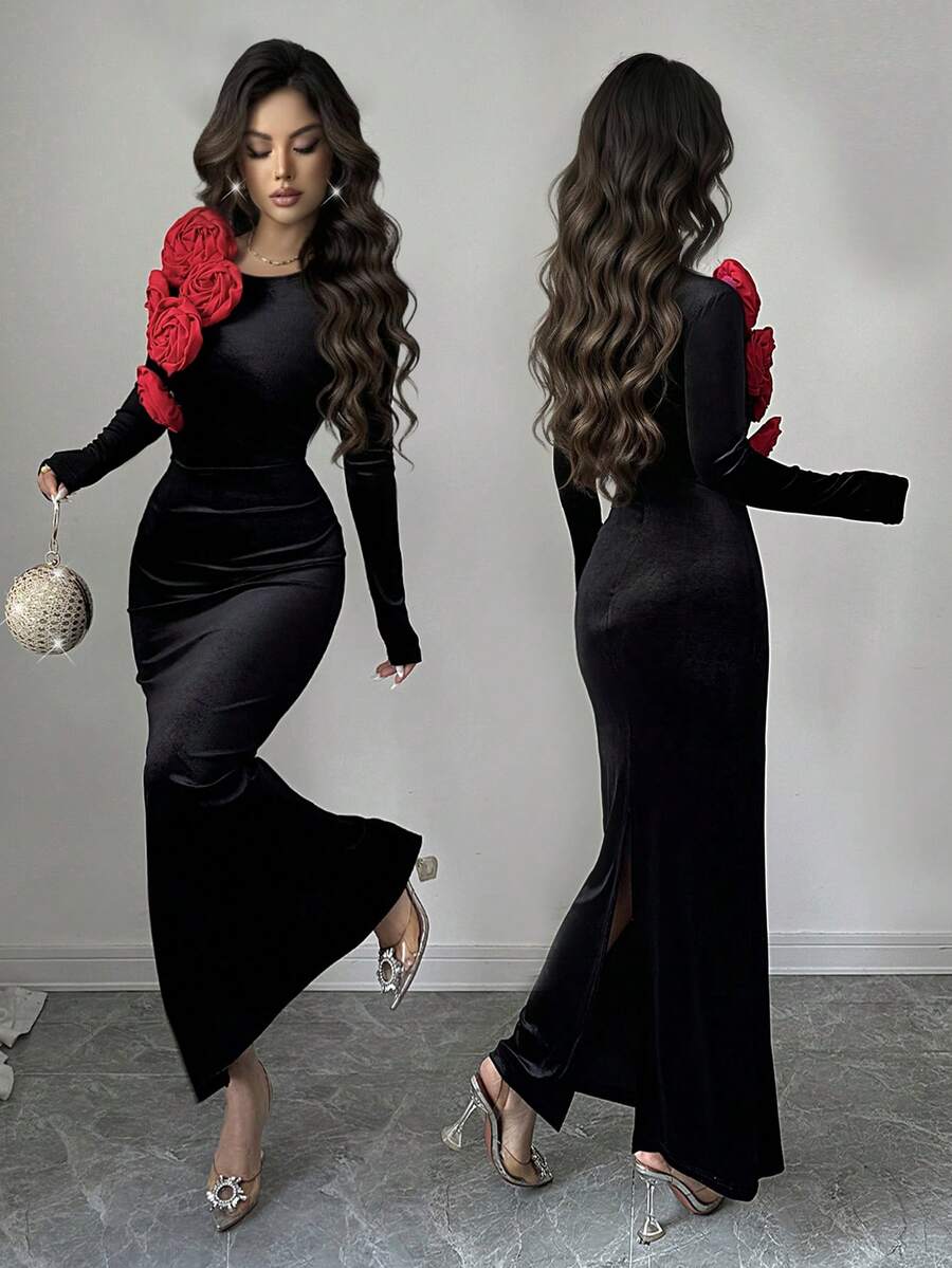 Rafferiza 女士秋冬圆领 3D 花卉天鹅绒紧身收腰长裙，优雅派对和圣诞晚礼服 - 黑色 - 查看 1
