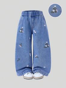 年轻女孩阔腿牛仔裤，春秋新款，蓝色水洗，彩色花卉刺绣，休闲，宽松版型，松紧腰，适合日常、派对、上学、旅行、通勤、居家，2025秋季新品 - 中等水洗藍 - 查看 1