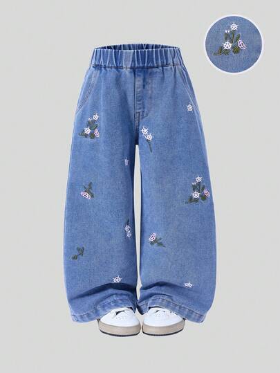 年轻女孩阔腿牛仔裤，春秋新款，蓝色水洗，彩色花卉刺绣，休闲，宽松版型，松紧腰，适合日常、派对、上学、旅行、通勤、居家，2025秋季新品