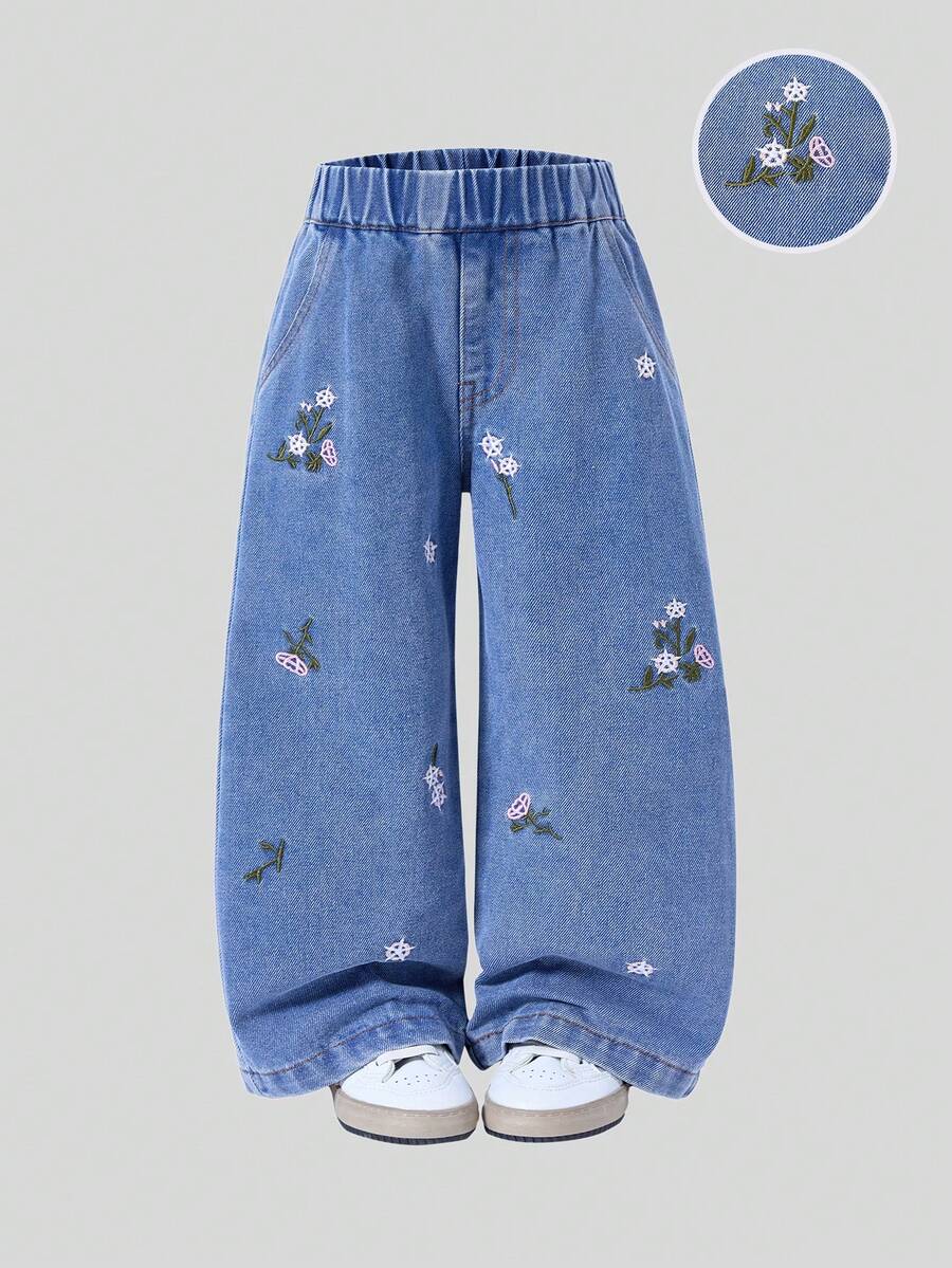 年轻女孩阔腿牛仔裤，春秋新款，蓝色水洗，彩色花卉刺绣，休闲，宽松版型，松紧腰，适合日常、派对、上学、旅行、通勤、居家，2025秋季新品 - 中等水洗藍 - 查看 1