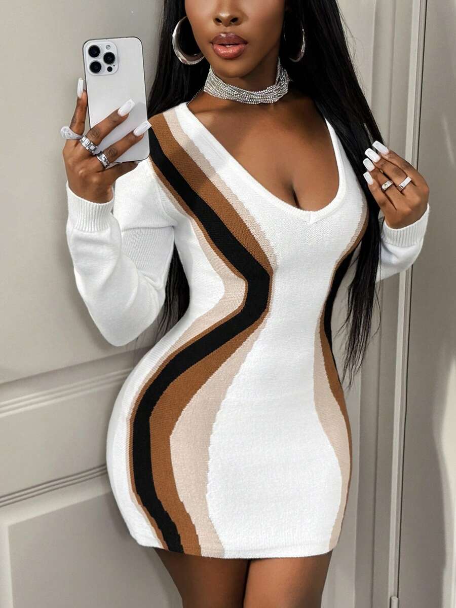 BamGleam Women's Sweater Dress Knitted Long Sleeve Low-Cut Large Round Neck Khaki Black Stripes Ultra-Short Cut Multi-Color White Flesh-Colored Khaki Black Slim Sexy Vacation Travel Casual Party Women's Clothing Spring And Autumn Style Summer Winter Autumn