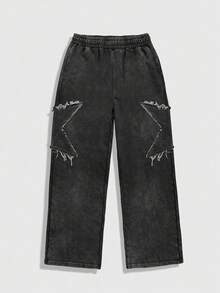 ROMWE MEN Casual Men's Drawstring Waist Star Pattern Loose Jogger Pants, For Rave - Black - View 5