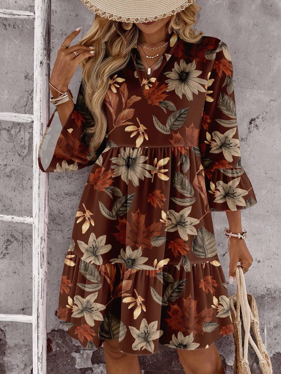 EMERY ROSE Casual Retro Floral & Maple Leaf Pattern Women Short Dress, Suitable For Spring, Early Autumn - Multicolor - View 1