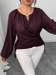 Elenzga Plus Size Women's Solid Color Beaded Neckline Raglan Lantern Sleeve Elegant Blouse