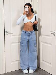 SHEIN Tall 女士时尚休闲百搭直筒工装牛仔裤 - 淺色水洗藍 - 查看 5