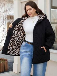 SHEIN LUNE Áo khoác mùa đông thời trang cỡ lớn bằng cotton có mũ trùm đầu dành cho nữ mặc vào mùa thu đông, Áo khoác dài thường ngày có mũ trùm đầu có khóa kéo, Mùa đông, Áo khoác chần bông lót họa tiết da báo tương phản, Áo khoác mùa đông chống lạnh và ấm áp, Mùa thu nữ, Áo khoác mùa đông nữ kiểu cũ, Áo khoác giữ nhiệt mùa đông cho nữ ngày lễ tạ ơn mùa thu đông ấm áp có cổ lông và mũ trùm đầu - màu đen - Xem 12