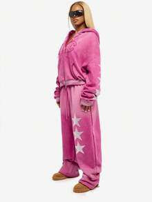 SUMWON WOMEN 棉质水钻星星装饰超大抽绳带中心口袋连帽衫 - 玫紅色 - 查看 2