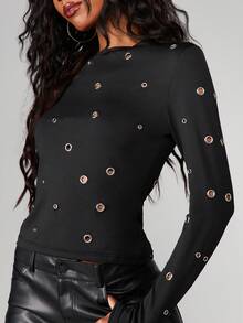 MISSGUIDED Eyelet Long Sleeve T-Shirt For Women Grunge Metal Hardware Detail Casual Top - Black - View 5