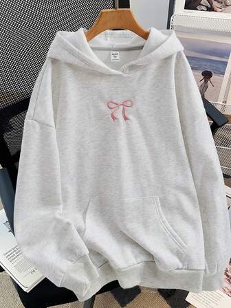 SHEIN Teen Girls Gray Casual Hoodie Sweatshirt With Pockets, Butterfly Embroidery, Versatile Long Sleeve Pullover Autumn Winter Clothes FoGirlen