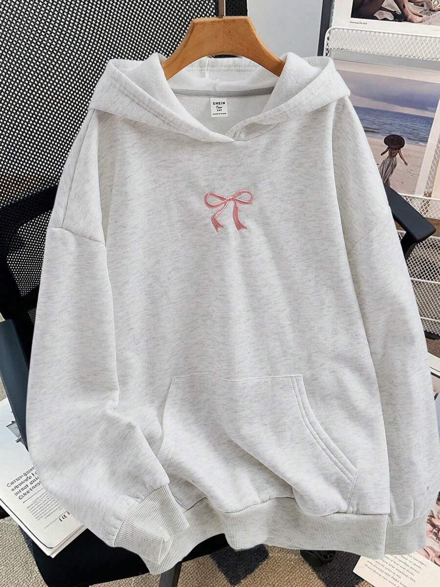 SHEIN Teen Girls Gray Casual Sweatshirt With Pockets, Butterfly Embroidery, Versatile Long Sleeve Pullover Autumn Winter Clothes FoGirlen