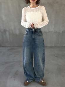 FRIFUL 女式修身蕾丝衬衫，圆领长袖，透明纹理面料，休闲百搭，适合度假、海滩