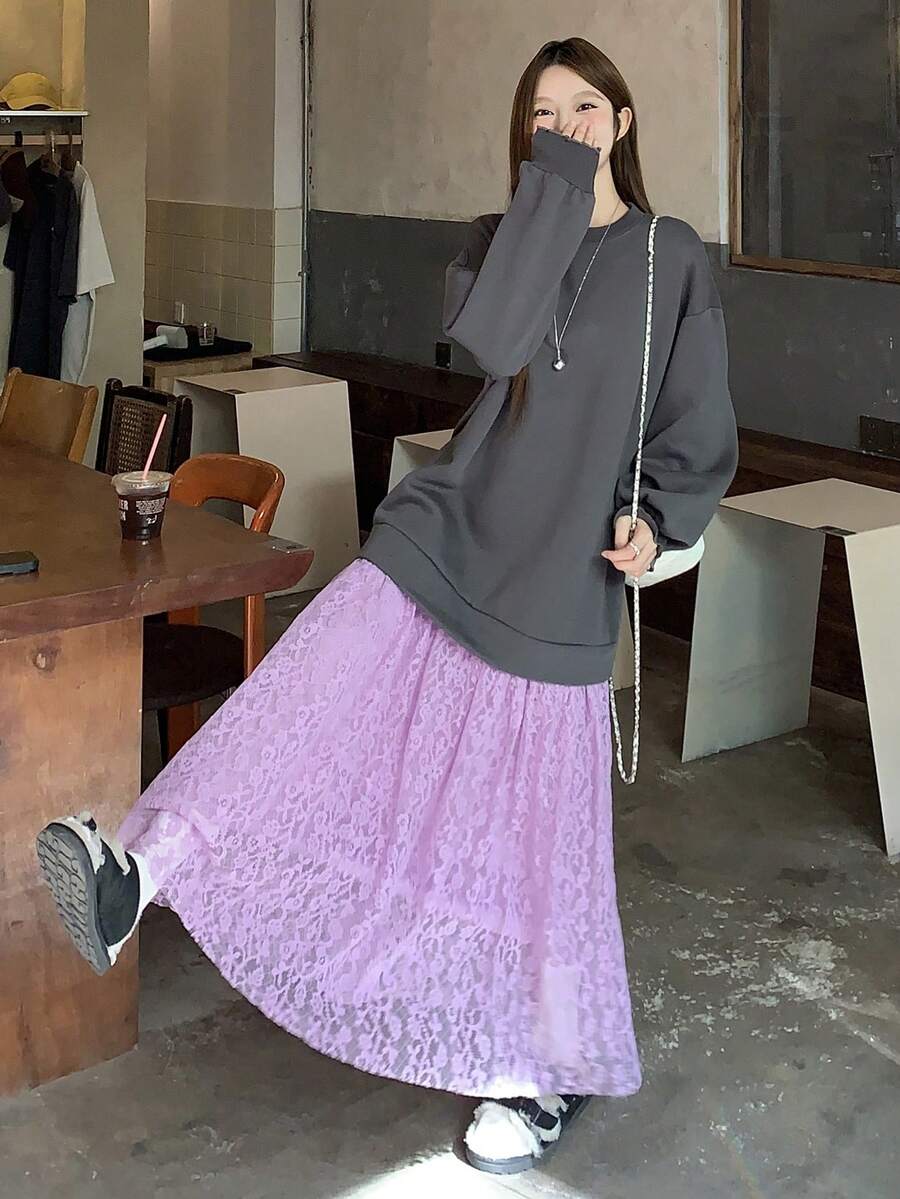 DAZY Damen Lässig Farbblock Langarm Midi Kleid, modisch für den Herbst - Dunkelgrau - Übersicht 1