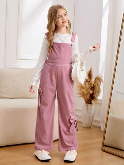 SHEIN 青少年女孩休闲蝴蝶装饰直筒连体裤，秋季