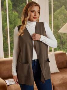 EMERY ROSE Áo khoác không tay màu trơn cỡ lớn, túi rộng, đơn giản, mặc thường ngày, mùa xuân/hè, thu/đông - màu nâu - Xem 3