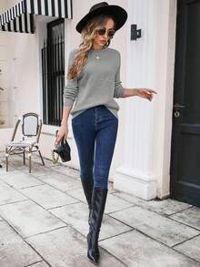 SHEIN Essnce 女式纯色圆领长袖休闲毛衣，秋冬 - 灰色 - 查看 3
