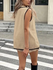 Serisse 女士翻领双排扣无袖西装外套和短裙休闲套装秋冬 - 卡其色 - 查看 2