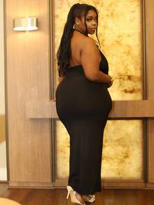 Hourglow Ceceforeign_ Plus Size Women's Minimalist Basic Dress, Elegant Ruched Front Halter Slit Backless Long Dress For Dating, Vacation, School, Formal Occasions, Black, Autumn,Birthday Dresses For Women, For Hourglass Body Shape, For Body Shape, For Summer - Black - View 7